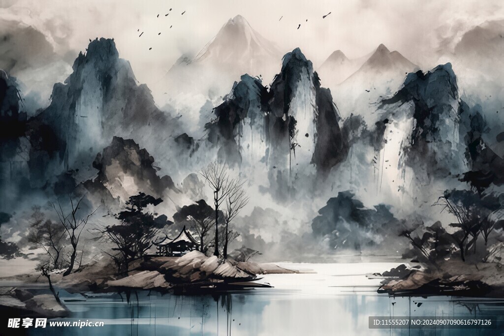 手绘复古写意画禅意水墨山水画