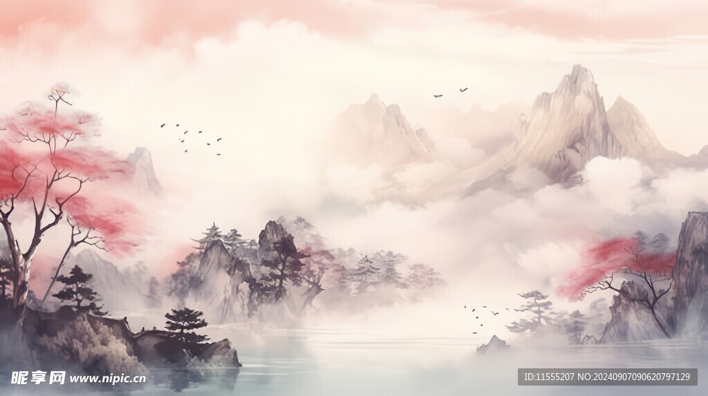 手绘复古写意画禅意水墨山水画