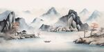 手绘复古写意画禅意水墨山水画