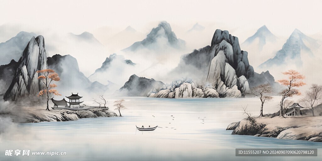 手绘复古写意画禅意水墨山水画