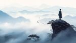 手绘复古写意画禅意水墨山水画
