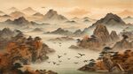 手绘复古写意画禅意水墨山水画
