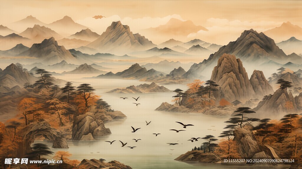手绘复古写意画禅意水墨山水画