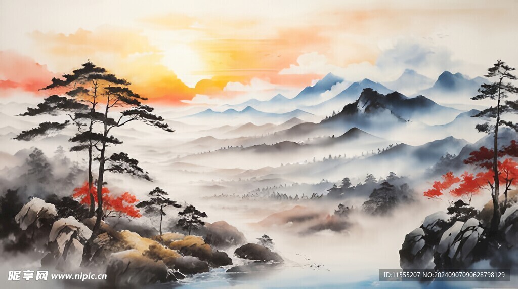 手绘复古写意画禅意水墨山水画