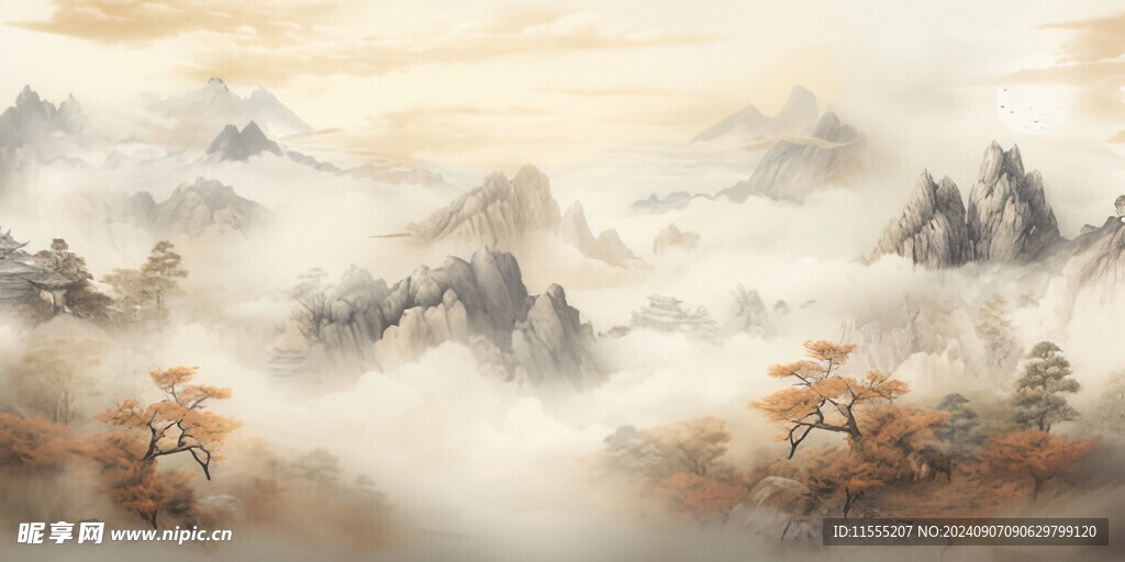 手绘复古写意画禅意水墨山水画