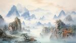 手绘复古写意画禅意水墨山水画