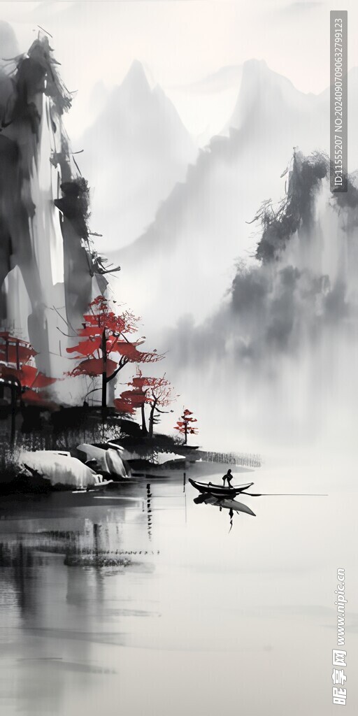 手绘复古写意画禅意水墨山水画