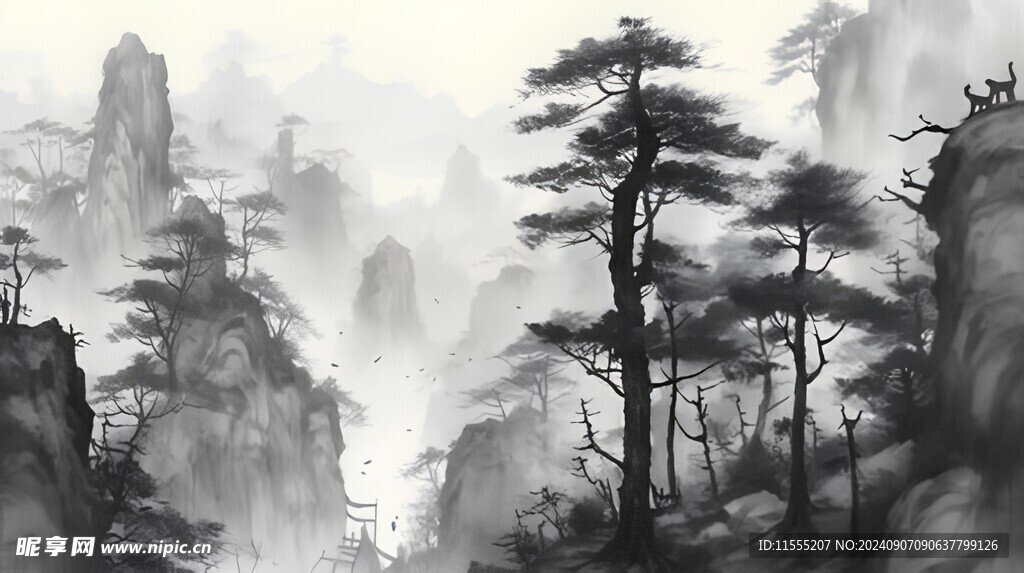手绘复古写意画禅意水墨山水画