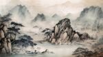 手绘复古写意画禅意水墨山水画