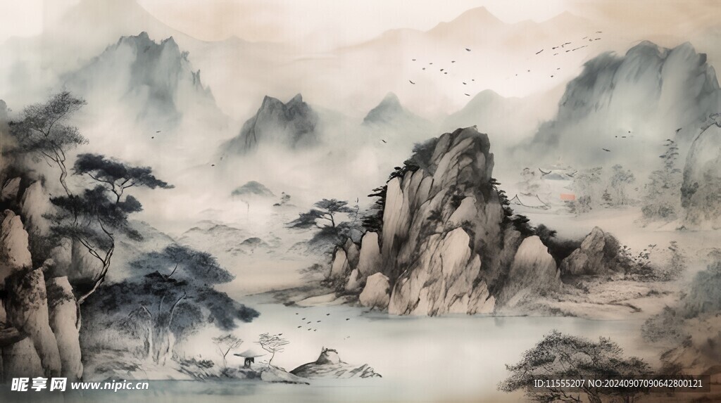 手绘复古写意画禅意水墨山水画