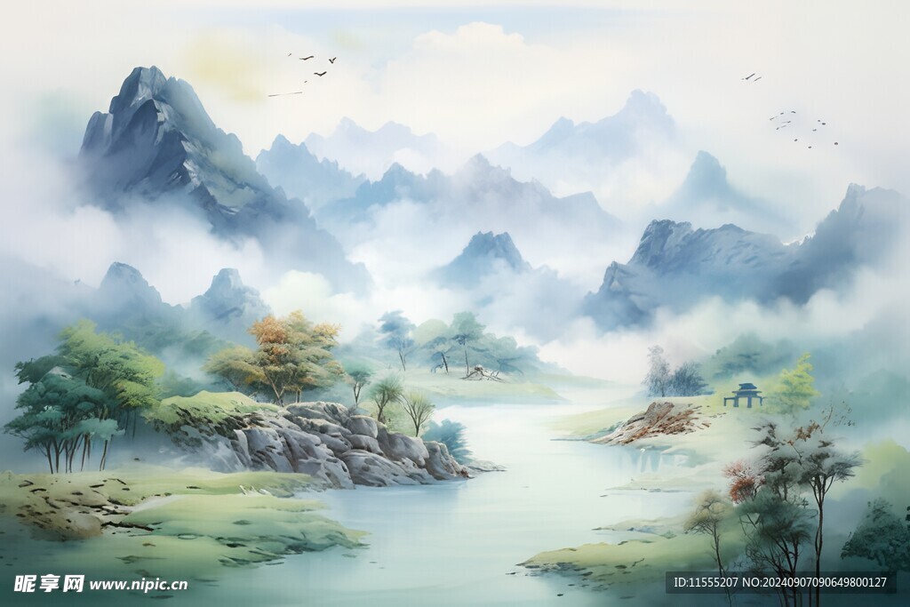 手绘复古写意画禅意水墨山水画