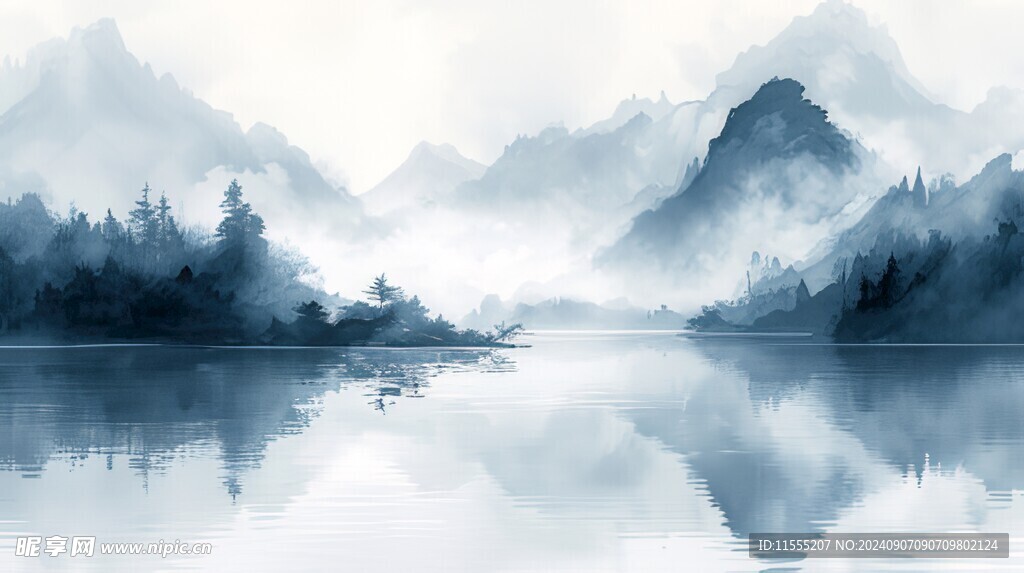 手绘复古写意画禅意水墨山水画