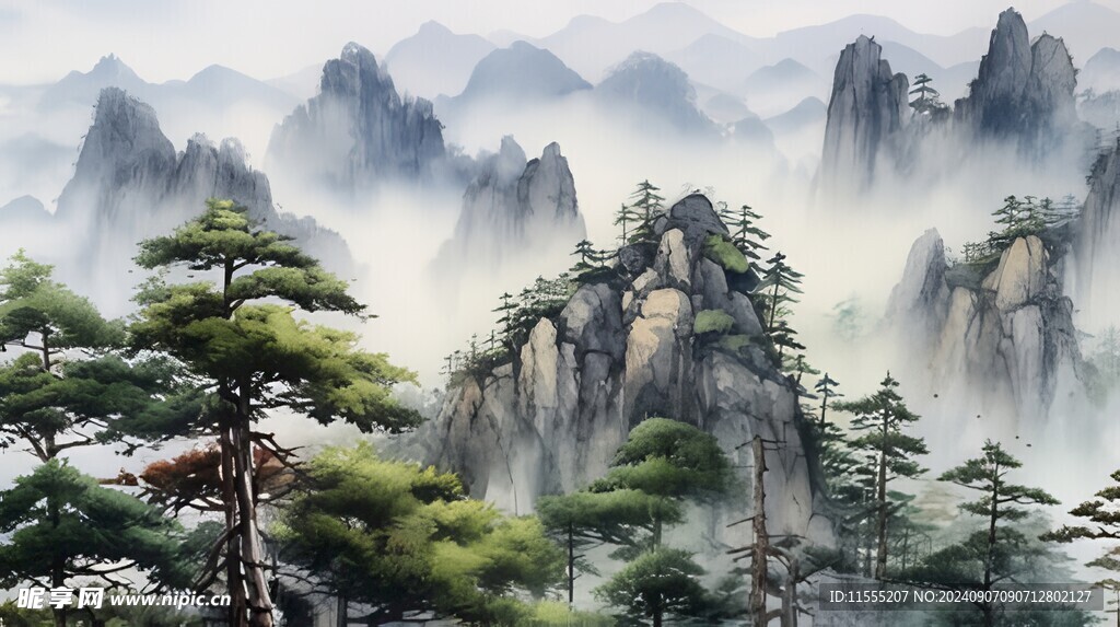手绘复古写意画禅意水墨山水画