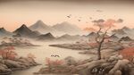 手绘复古写意画禅意水墨山水画