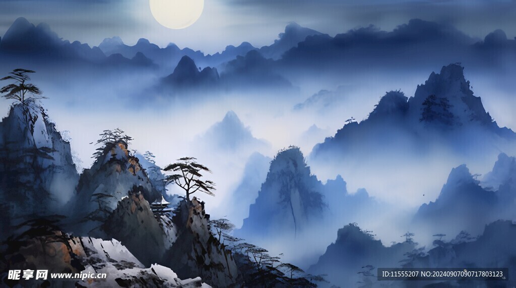 手绘复古写意画禅意水墨山水画