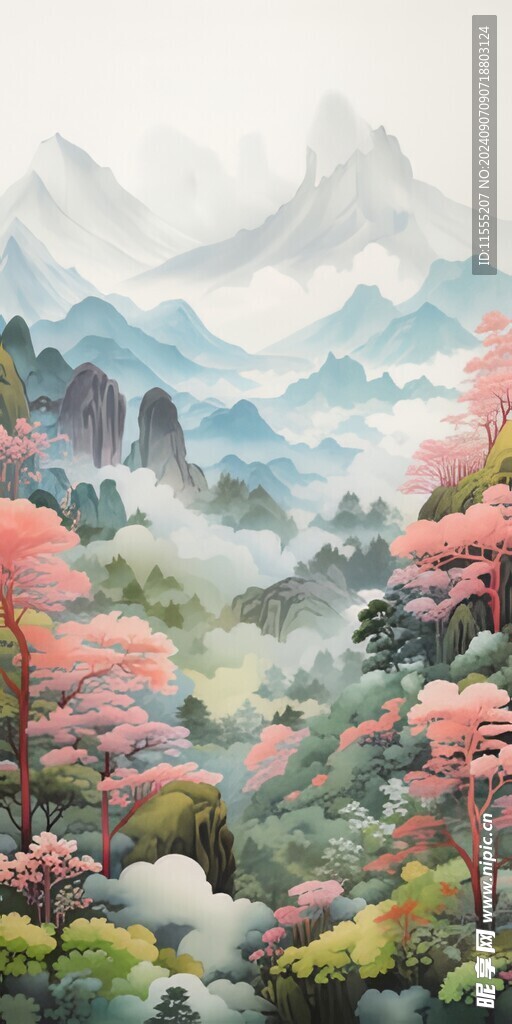 手绘复古写意画禅意水墨山水画