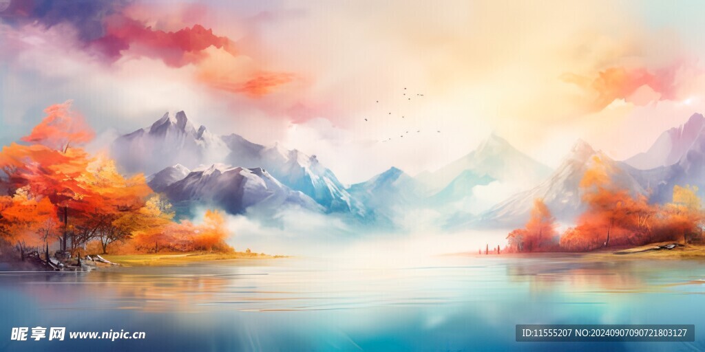 手绘复古写意画禅意水墨山水画