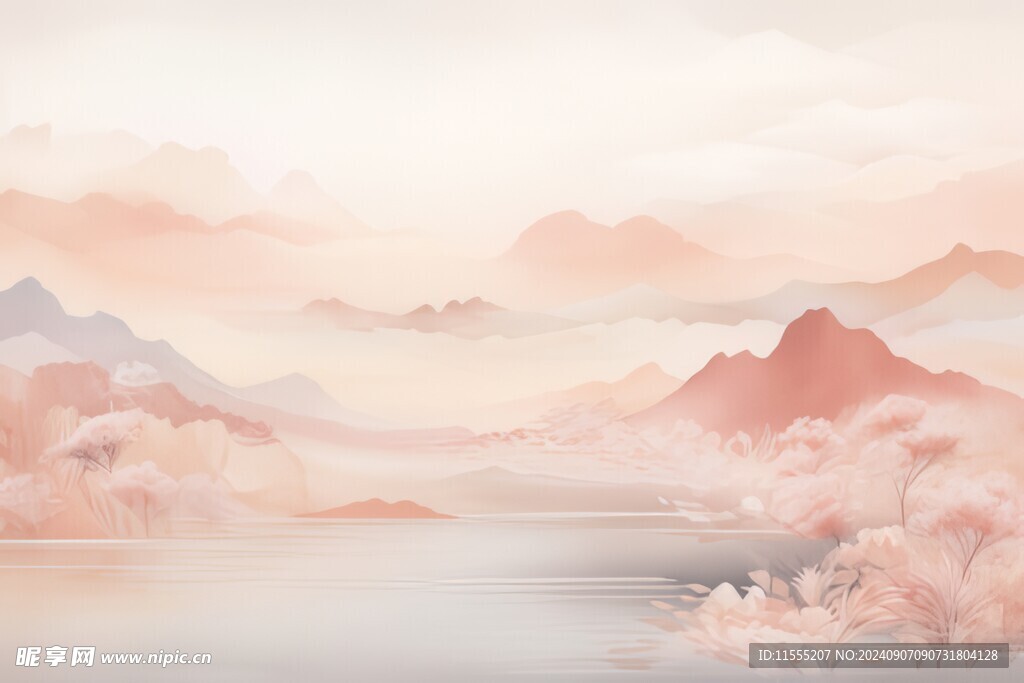 手绘复古写意画禅意水墨山水画