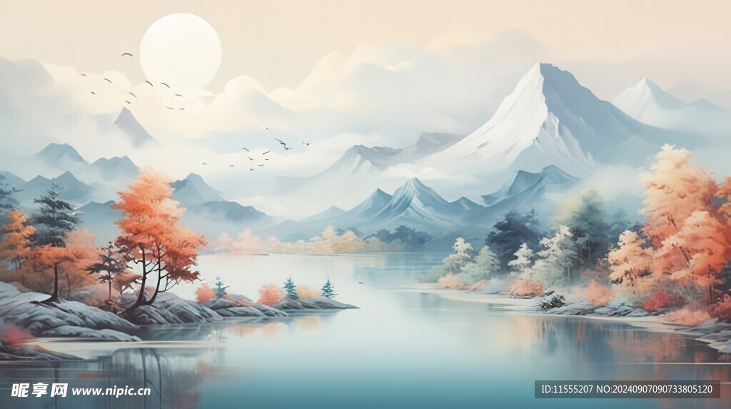 手绘复古写意画禅意水墨山水画