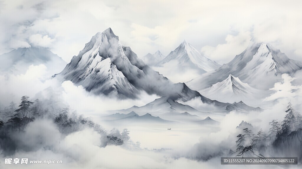 手绘复古写意画禅意水墨山水画