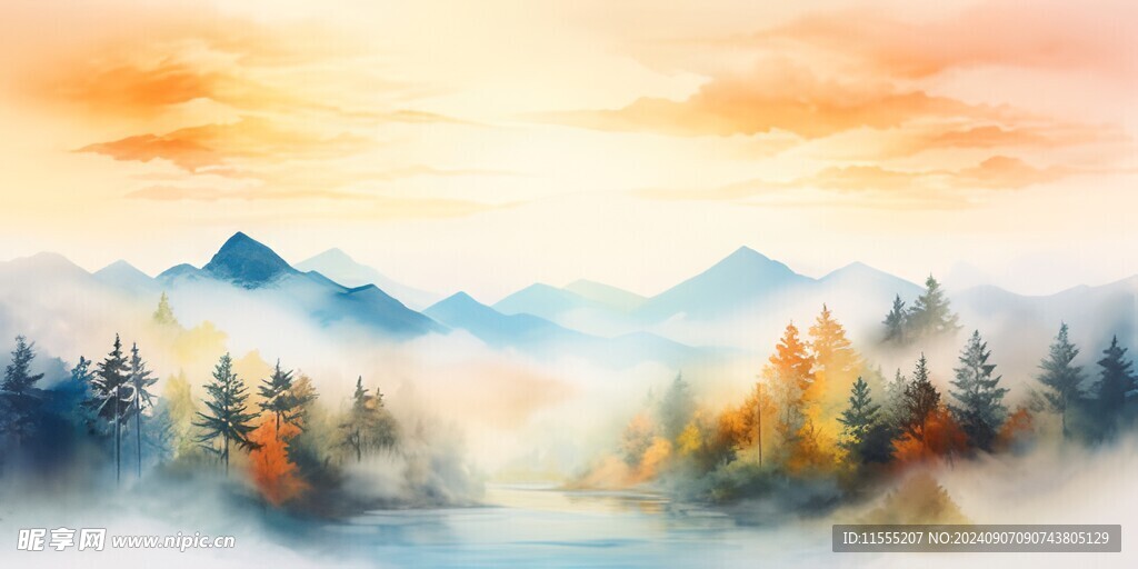 手绘复古写意画禅意水墨山水画