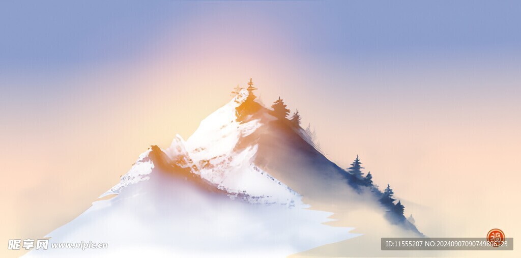 手绘复古写意画禅意水墨山水画