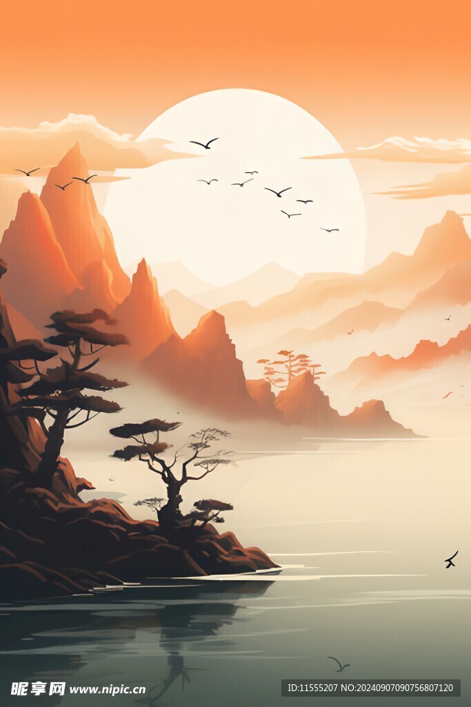 手绘复古写意画禅意水墨山水画