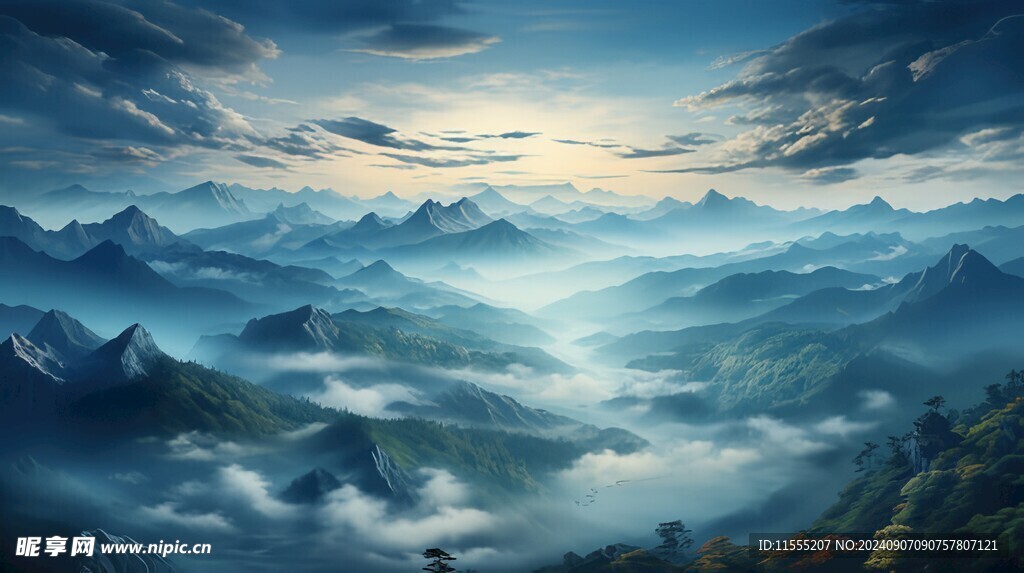 手绘复古写意画禅意水墨山水画
