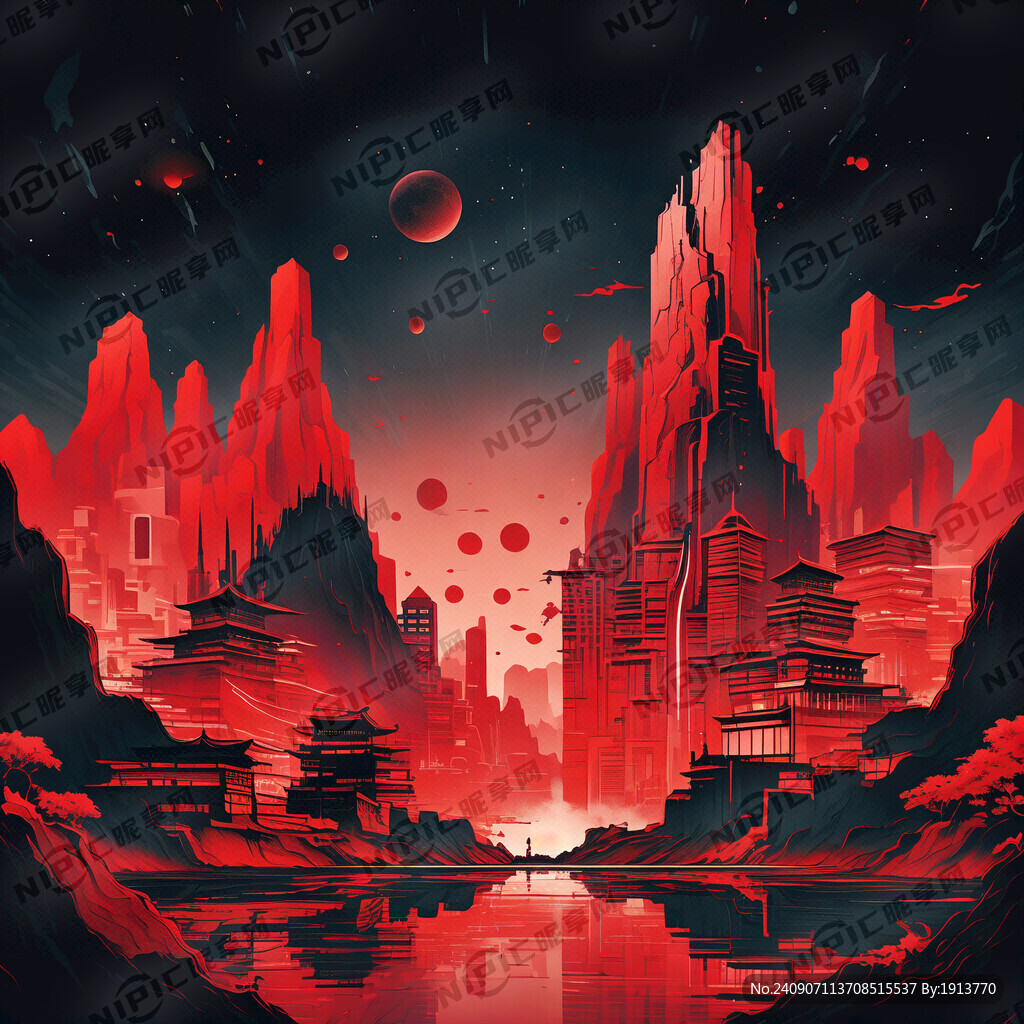 山水楼宇 红色黑背景
