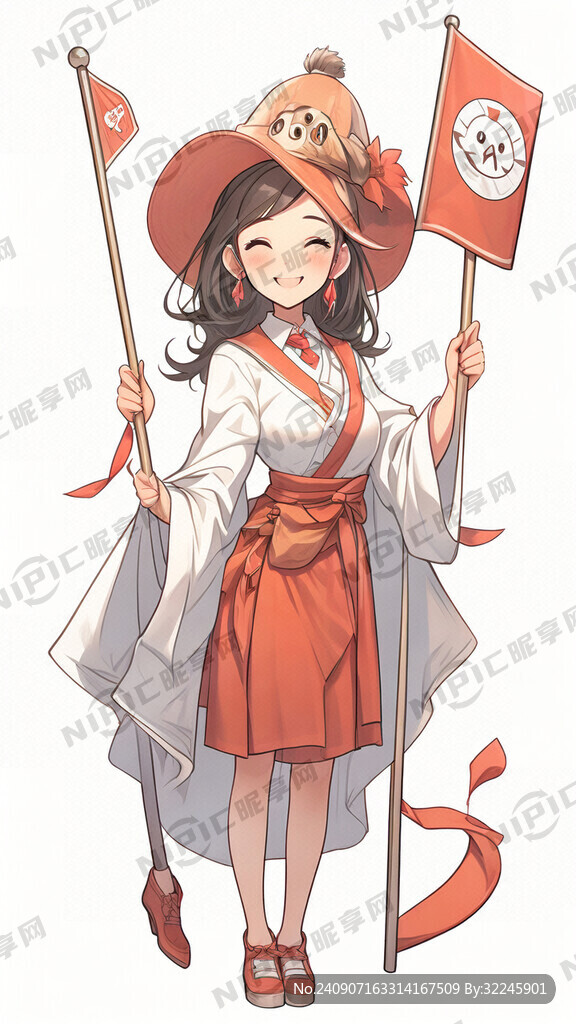 卡通导游女生 手举导游旗 阳光