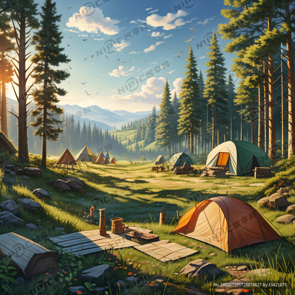 露营 帐篷 草地 桌倚 树木