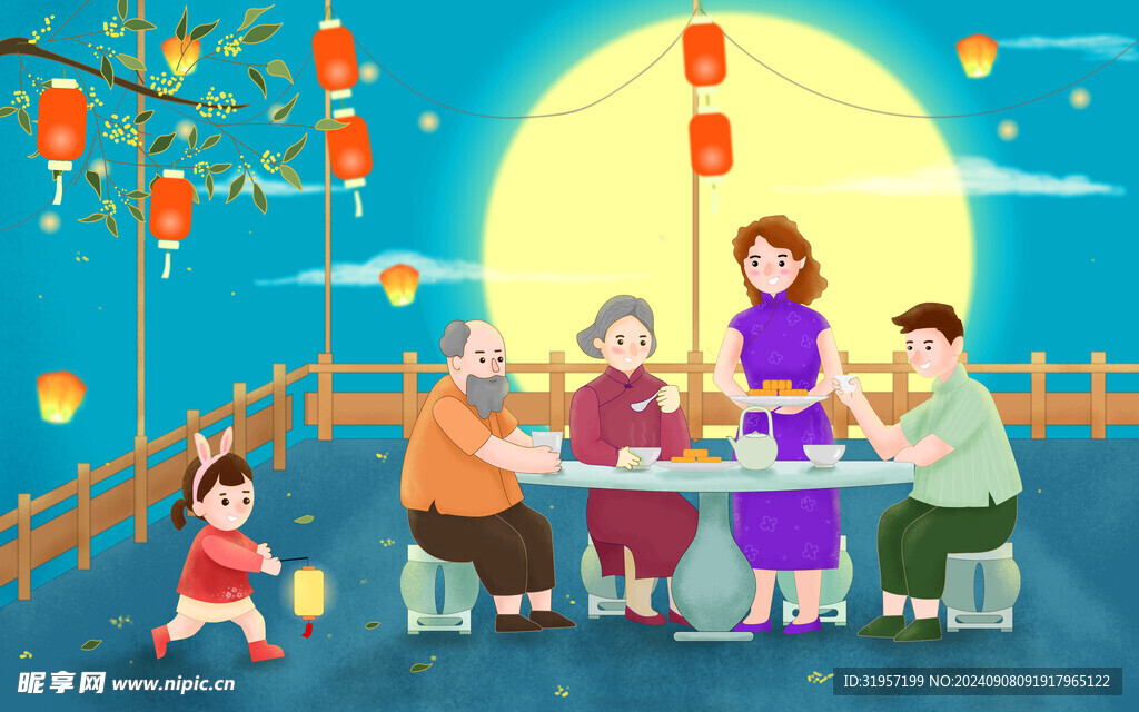 中秋节一家团圆插画