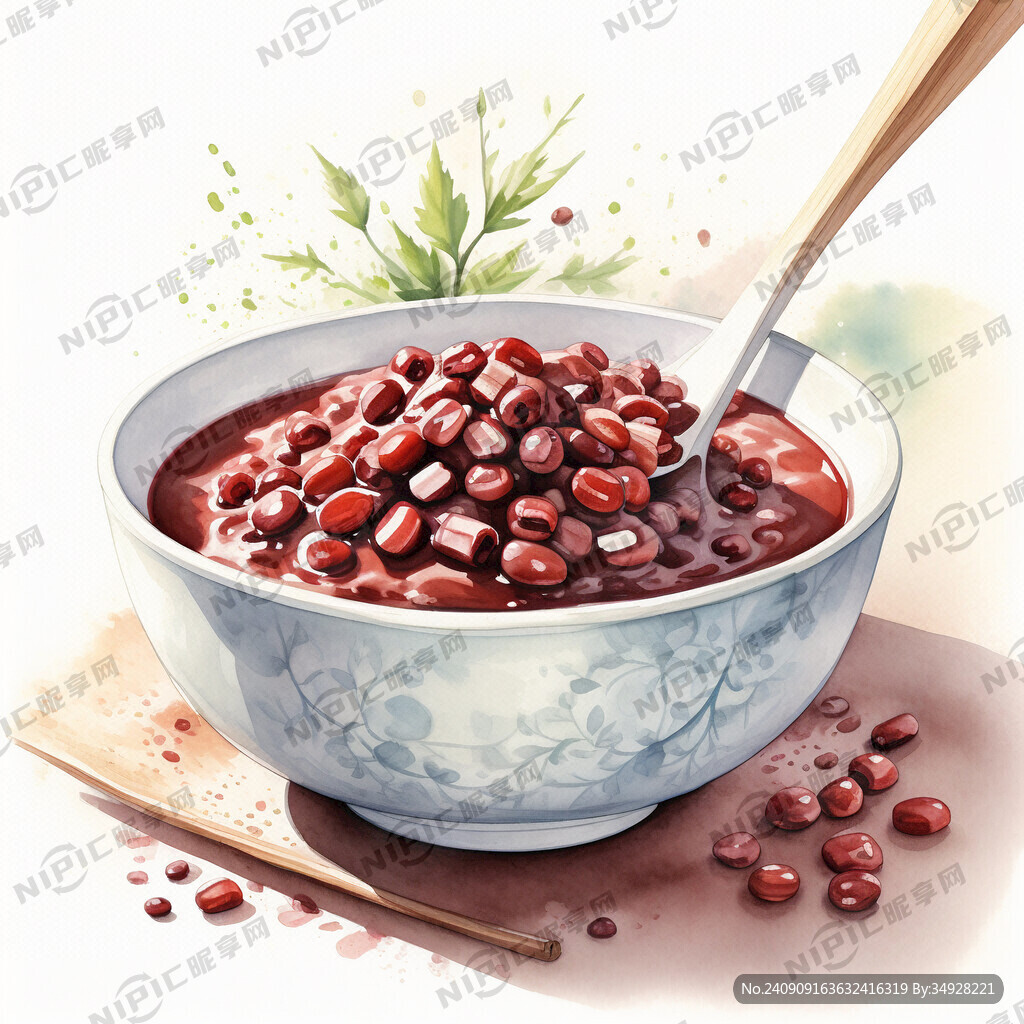 水彩 绘制 一碗 红豆粥