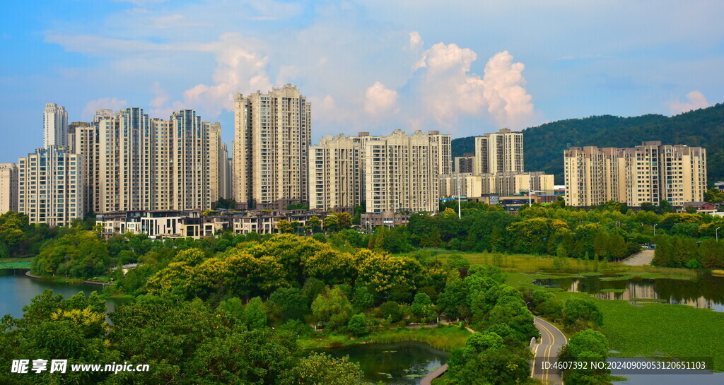 秋天公园里的城市建筑