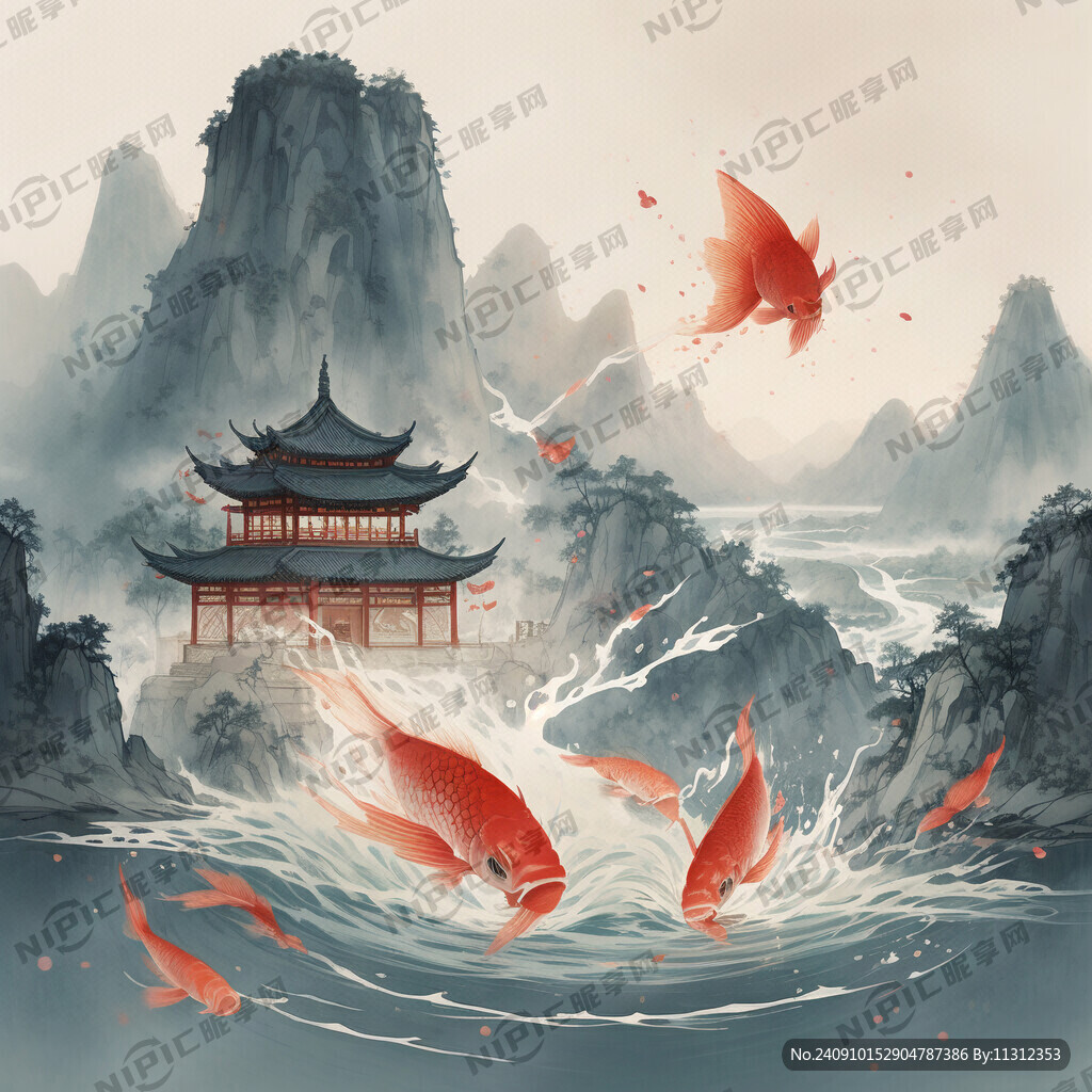 插画 鲤鱼跃龙门