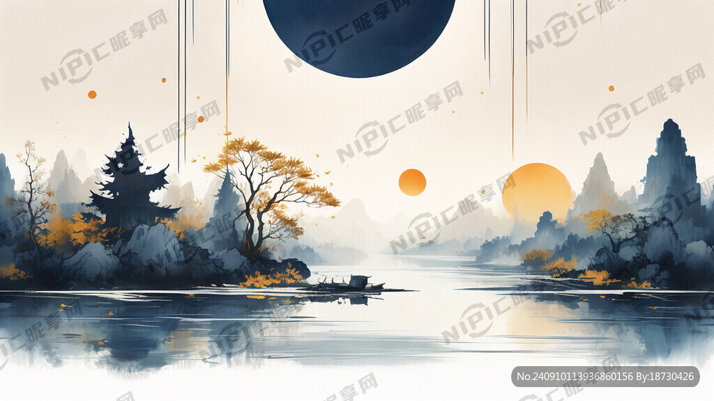 刺绣中秋图 克莱因蓝色底图  