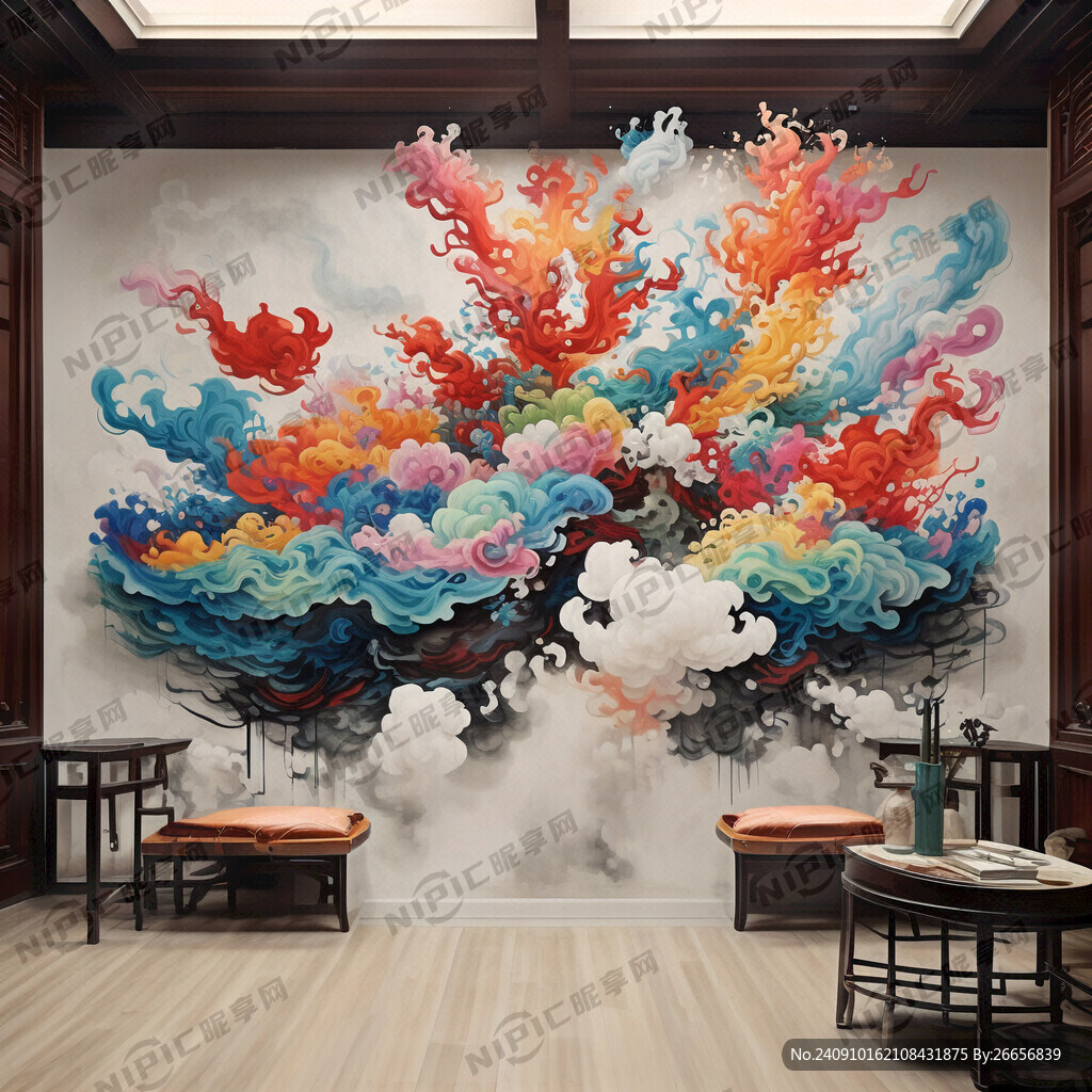彩色祥云 祥瑞油画壁画