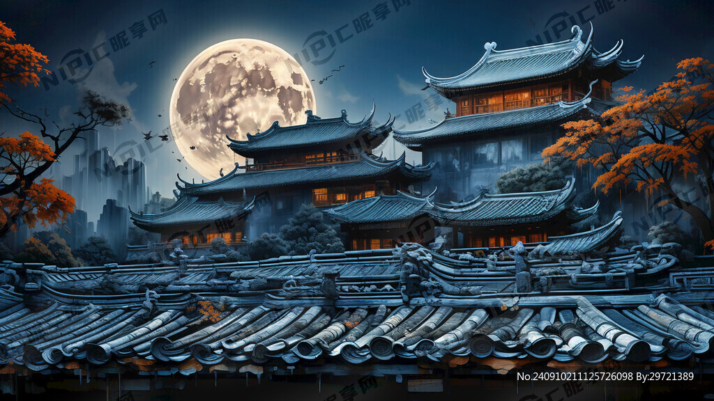 瓦片构成的中国古代的屋顶夜晚淡