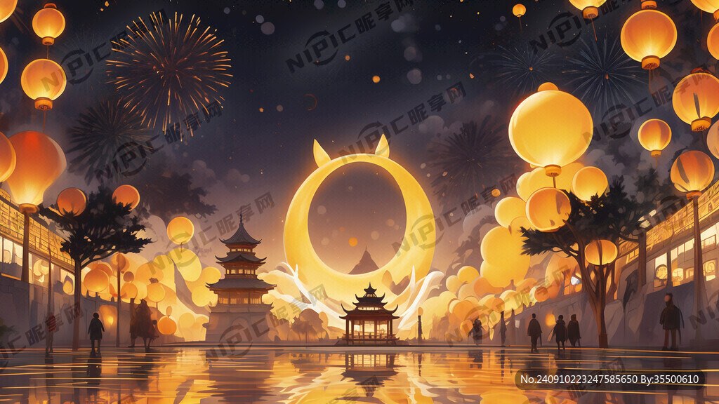 游园会 玉兔 明黄色满月 热闹