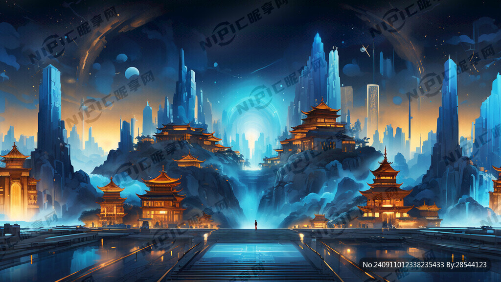 蓝海与古建筑溶合风景 明亮