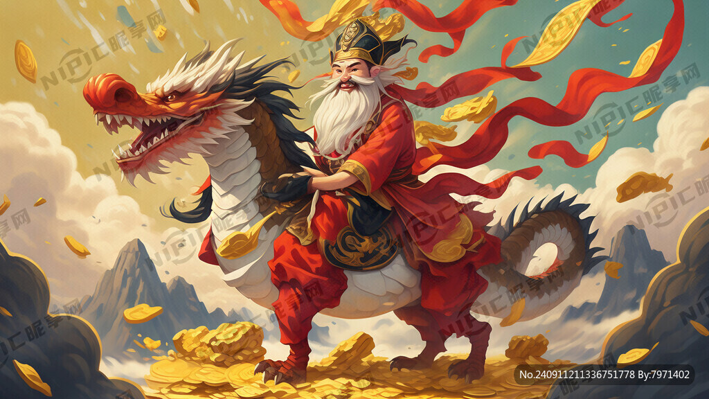 财神骑在一条古老的金龙背上