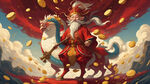 财神骑在金龙背上，周围环绕着飞翔的金币和金锭，背景为红色，采用简单的插图风格，具有幻想、卡通风格。这是一幅全身肖像画，色彩明亮，色调温暖，分辨率高，细节丰富。这个角色穿着红色衣服，穿着传统的白胡子盔甲，笑容满面，眼睛里闪烁着喜悦的光芒