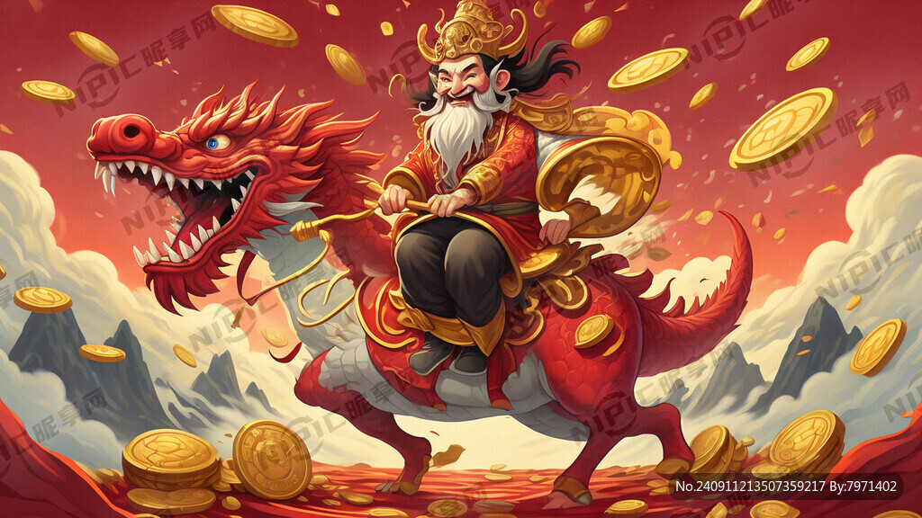 财神骑在金色的龙背上 色彩明亮