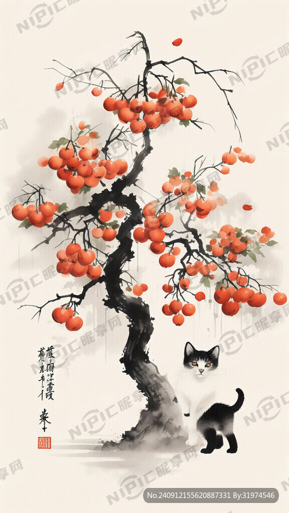 柿子 柿子树 底下有小猫咪