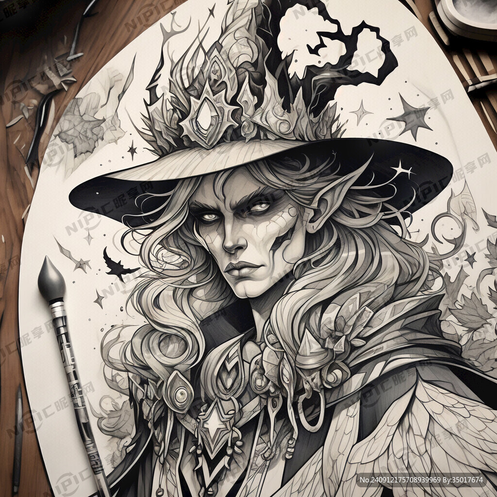 欧美风格插画手绘线描女巫妖王