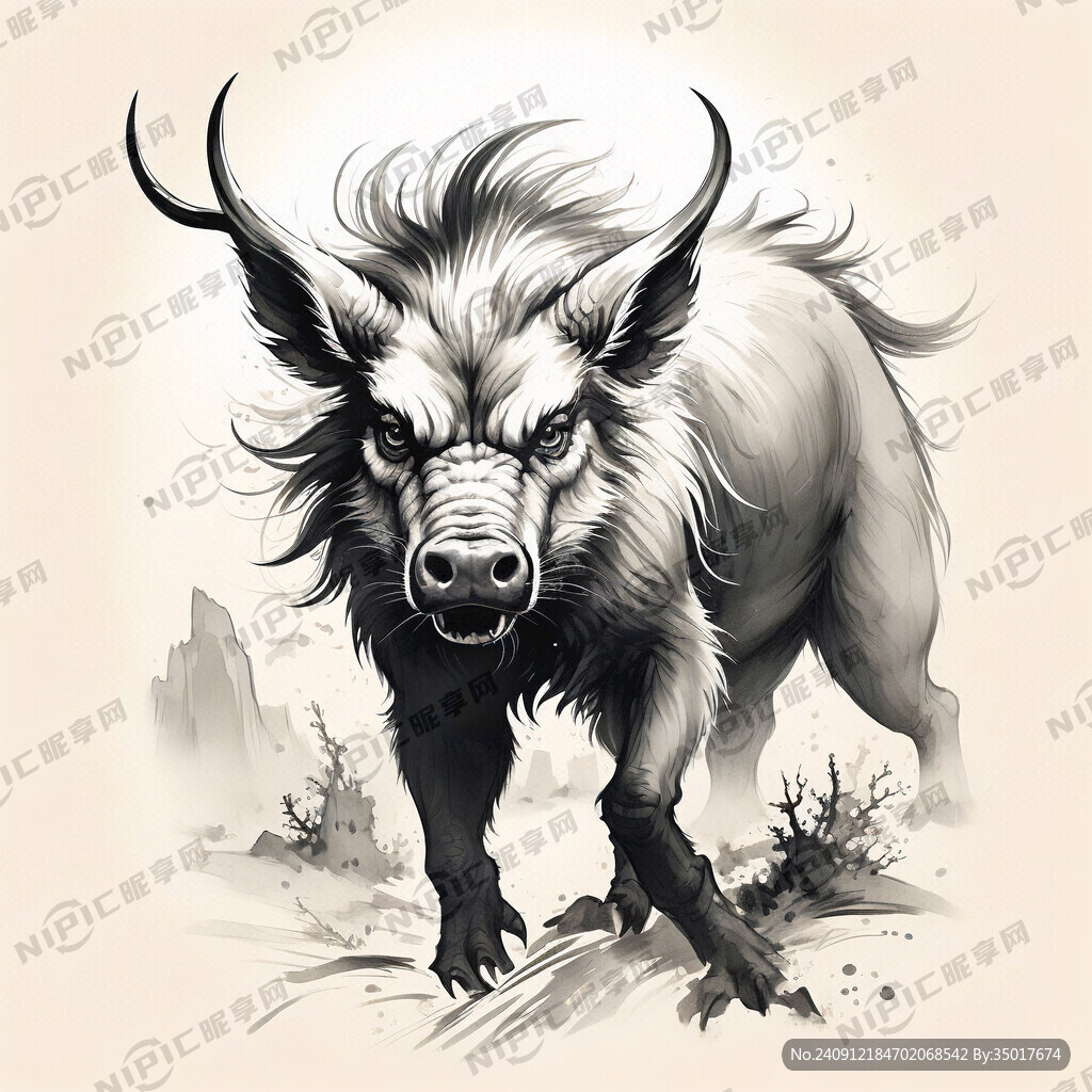 中国山海经呆盟线描长獠牙野猪精