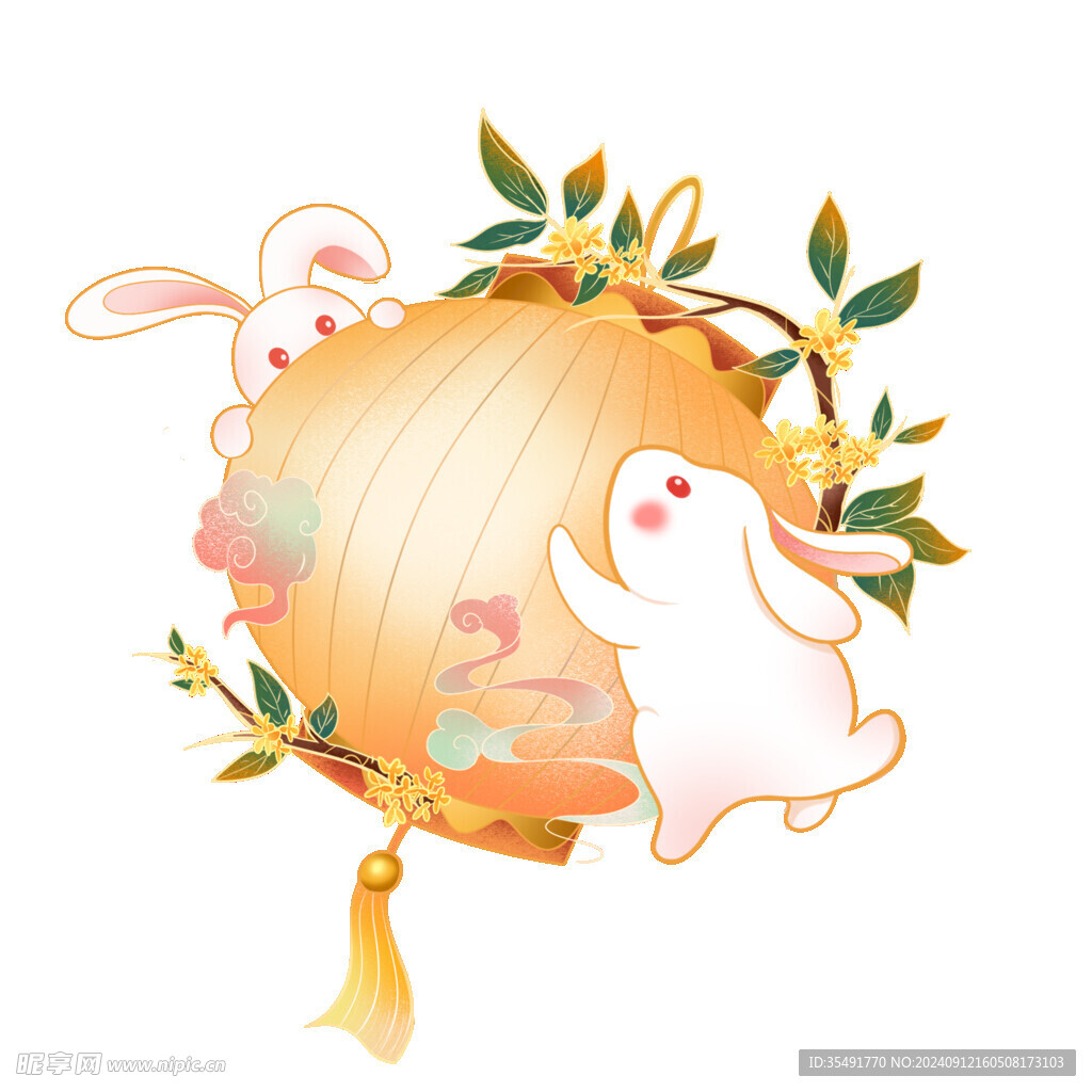 八月十五中秋节兔子灯笼桂花元素