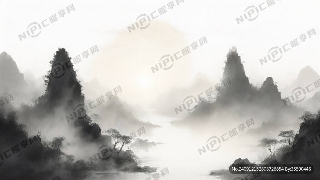 水墨山水、旭日、竹子、鲤鱼、龙