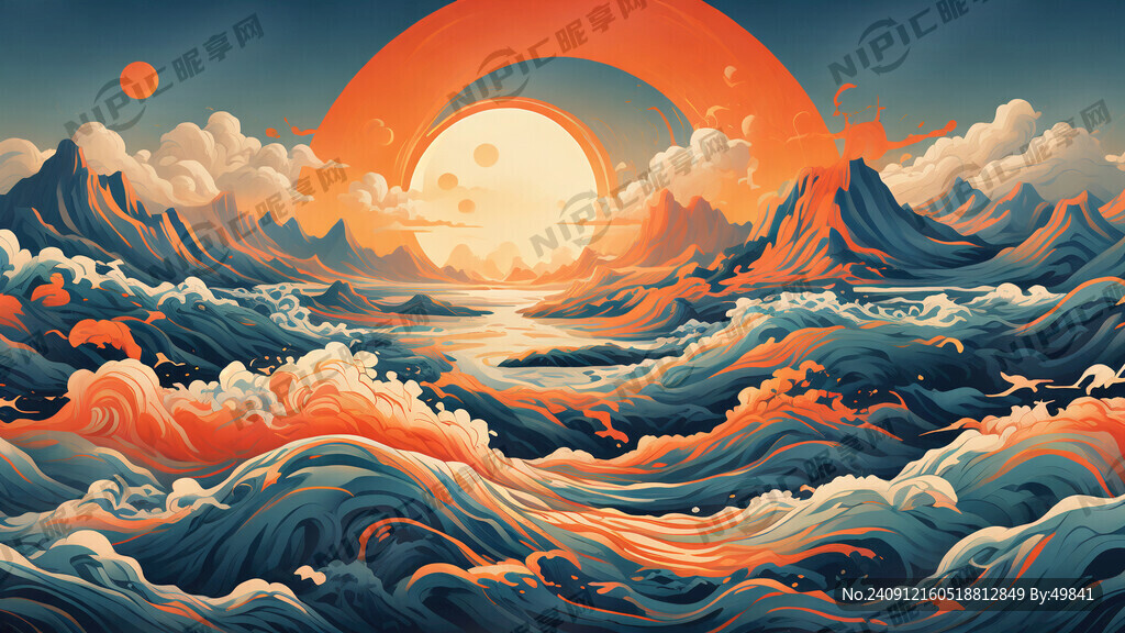 山水插画 蜿蜒流淌的河流