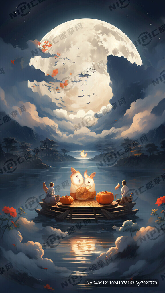 中秋 月亮 兔子 家人 云 水